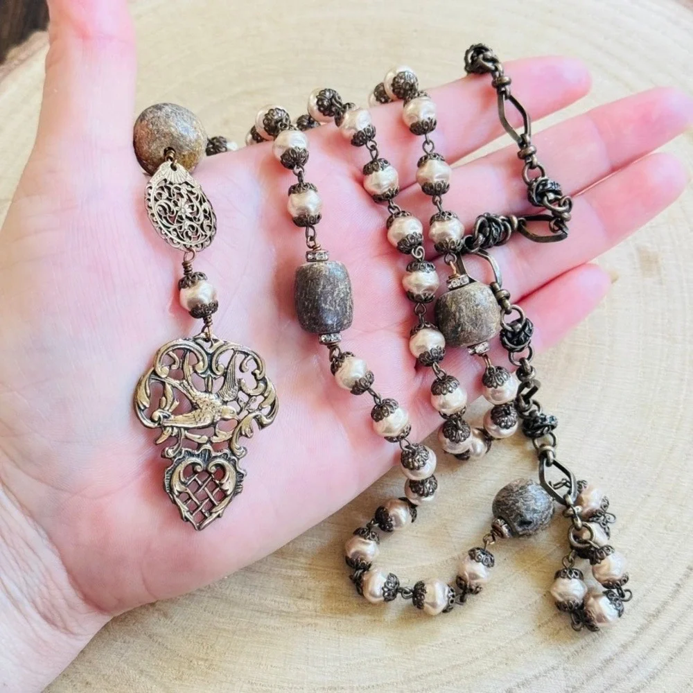 Regency style Baroque pearl Bird Necklace VTG‎ long beaded filigree bronze 35